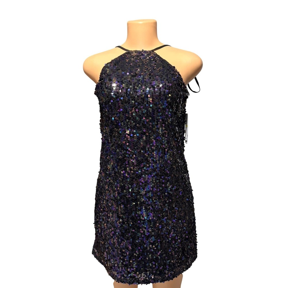 Jolt Womens Iridescent Sequin Halter Mini Dress‎ Purple Cowl Back Size M